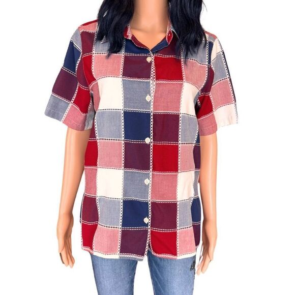Vintage Alfred Dunner Red Patchwork Button Down Short Sleeve Shirt - Picture 2 of 6